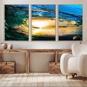 19378-MGV-CV-36X24-Ocean Wave Sunset Wall Art – Vibrant Surf and Golden Horizon Canvas Print, Coastal Seascape Photography for Living Room, Bedroom,