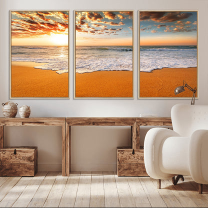 15399-MGV-CV-36X24-Golden Sunrise Beach Wall Art – Ocean Waves on Sandy Shore Canvas Print, Coastal Seascape Decor for Living Room or Bedroom