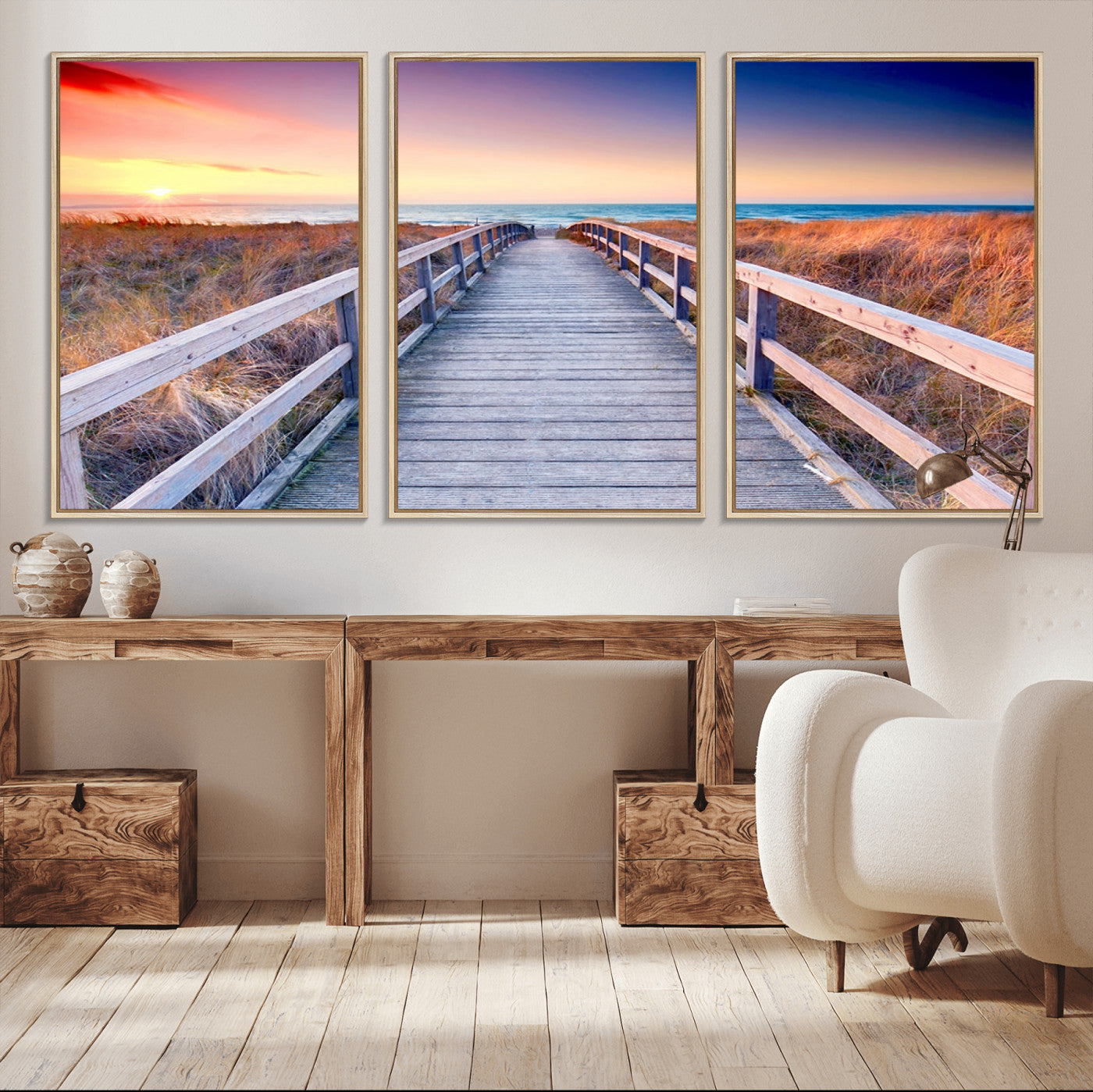 60625-MGV-CV-36X24-Beach Boardwalk Sunrise Wall Art – Coastal Pathway to Ocean Canvas Print, Seaside Landscape Decor for Home or Office
