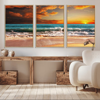 72948-MGV-CV-36X24-Ocean Sunset Wave Wall Art – Dramatic Seascape Canvas Print with Golden Sky and Crashing Waves, Coastal Beach Decor for Living