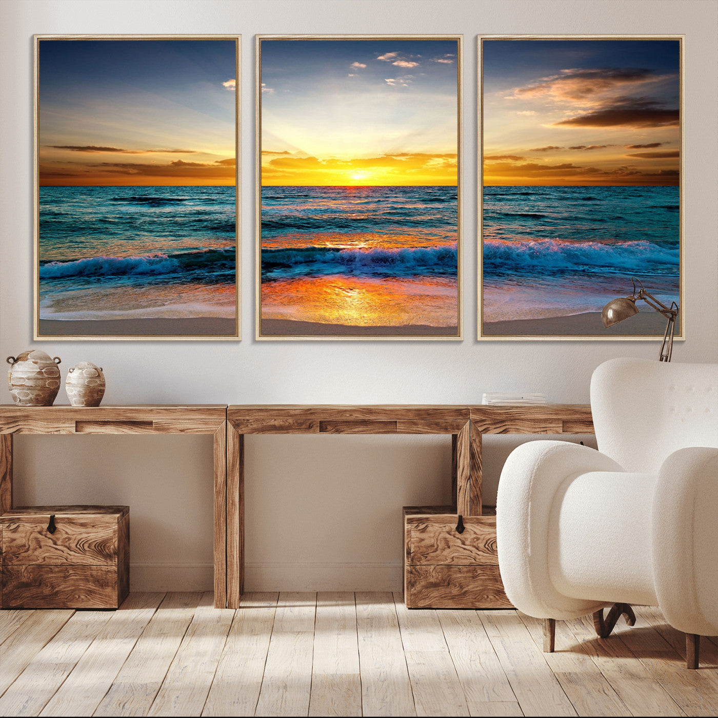 50627-MGV-CV-36X24-Ocean Sunset Wall Art – Serene Beach Canvas Print with Waves and Golden Sky, Coastal Decor for Living Room or Office
