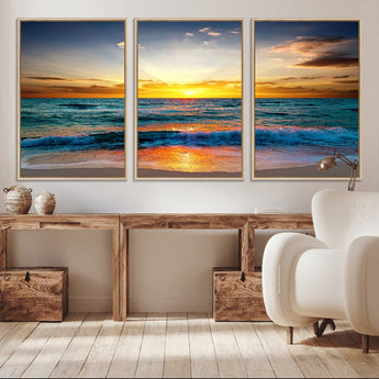 50627-MGV-CV-36X24-Ocean Sunset Wall Art – Serene Beach Canvas Print with Waves and Golden Sky, Coastal Decor for Living Room or Office