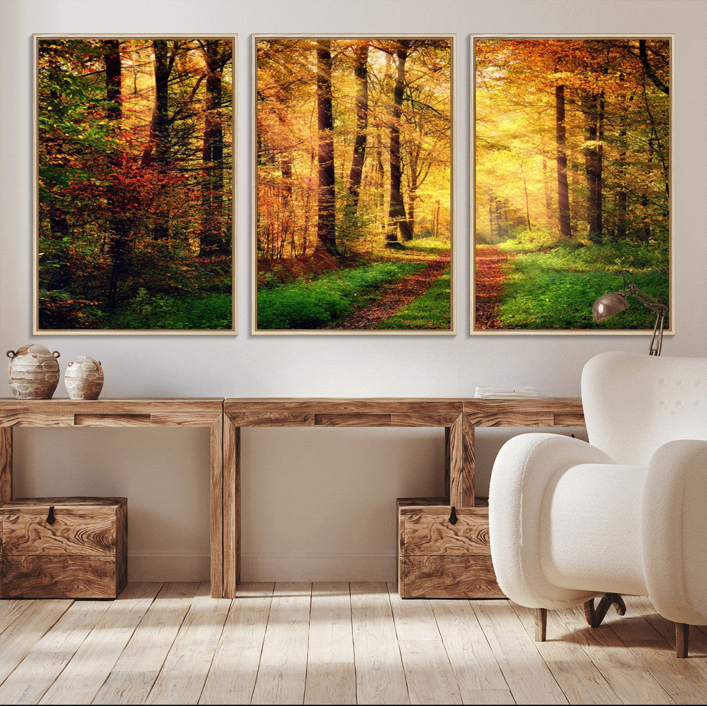 73494-MGV-CV-36X24-Golden Autumn Forest Path Wall Art – Sunlit Woodland Canvas Print, Fall Nature Landscape Home Decoration