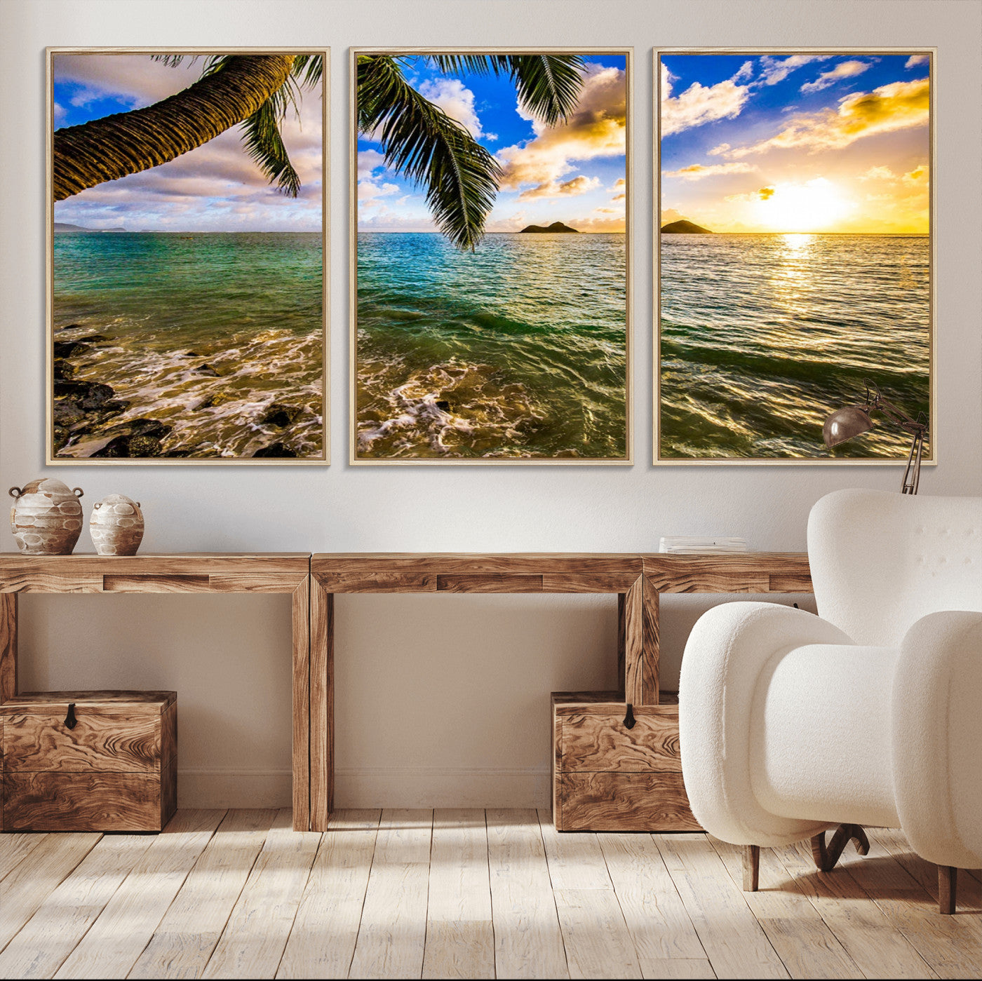 68606-MGV-FC-60X30-3P_Natural-Tropical Palm Tree Ocean Wall Art – Sunset Beach Seascape Print, Coastal Paradise Decor for Living Room or Office