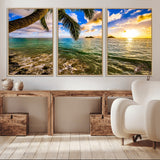 68606-MGV-FC-60X30-3P_Natural-Tropical Palm Tree Ocean Wall Art – Sunset Beach Seascape Print, Coastal Paradise Decor for Living Room or Office
