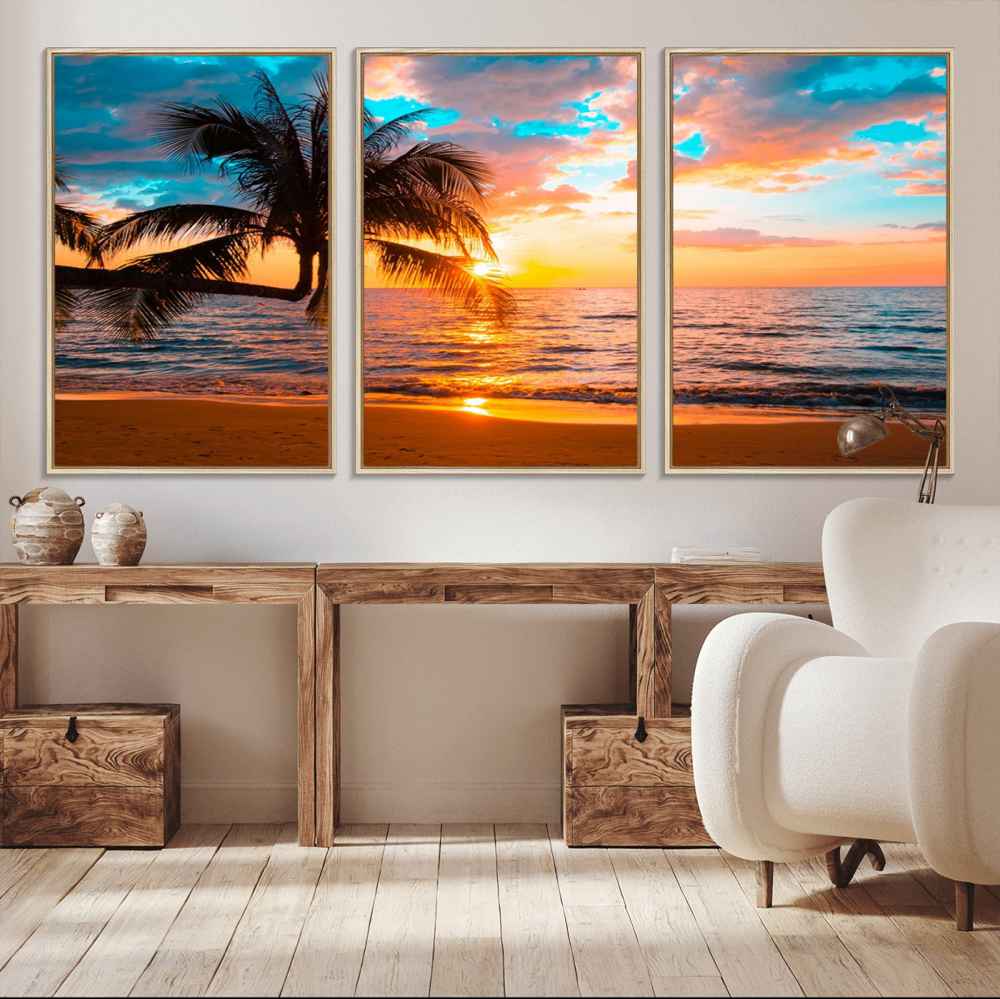 34674-MGV-CV-36X24-Tropical Sunset Beach Wall Art – Palm Tree Ocean Canvas Print, Coastal Seascape Decor for Living Room or Office Wall
