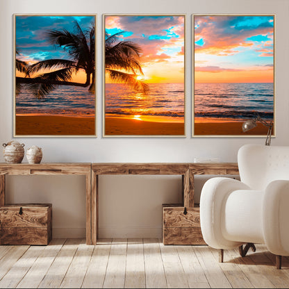 34674-MGV-CV-36X24-Tropical Sunset Beach Wall Art – Palm Tree Ocean Canvas Print, Coastal Seascape Decor for Living Room or Office Wall