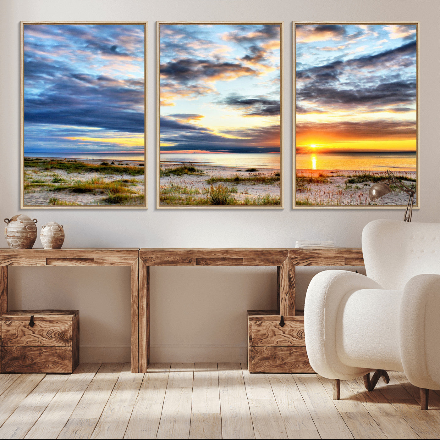 39645-MGV-CV-36X24-Golden Beach Sunset Wall Art – Serene Ocean Horizon Canvas Print, Coastal Nature Landscape Decor for Living Room, Bedroom or