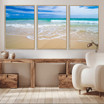 20660-MGV-CV-36X24-Ocean Wave Beach Wall Art – Serene Blue Sea and Sandy Shore Canvas Print, Coastal Landscape Photography Decor for Living Room or
