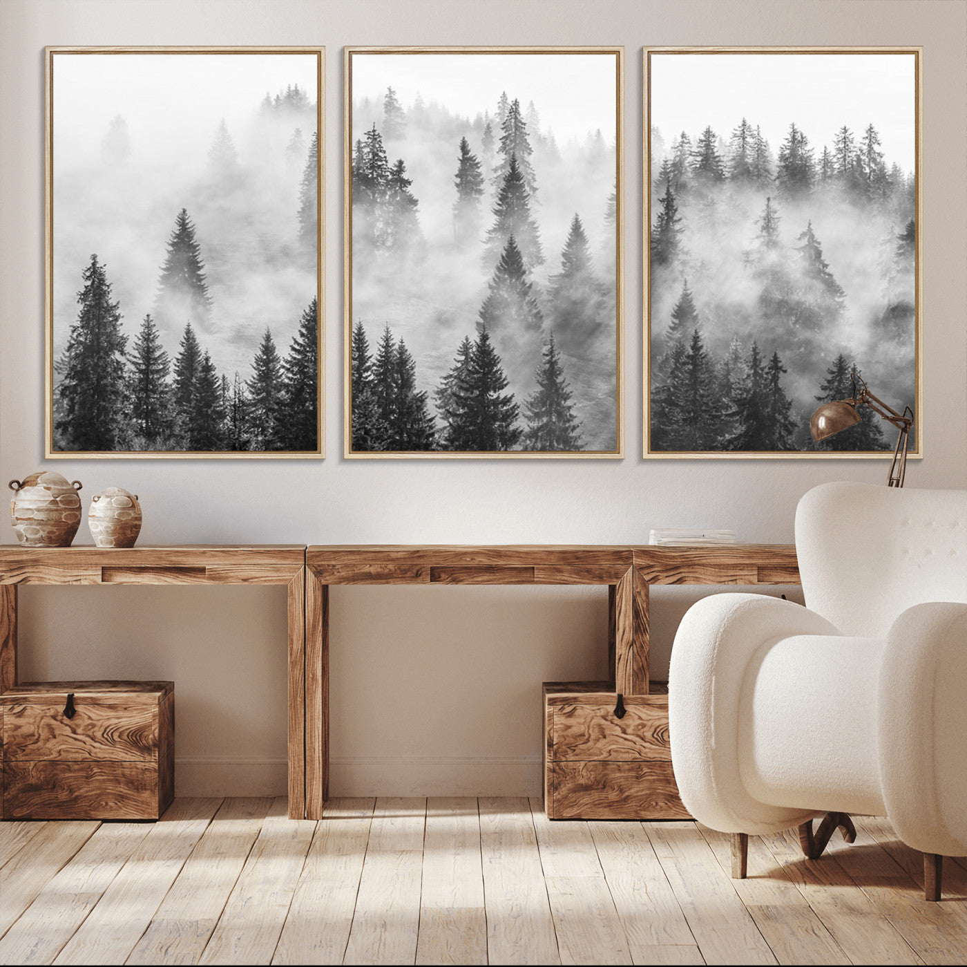 10422-MGV-CV-36X24-Misty Pine Forest Wall Art – Black and White Foggy Landscape Canvas Print, Serene Nature Woodland Decor for Bedroom, Office or