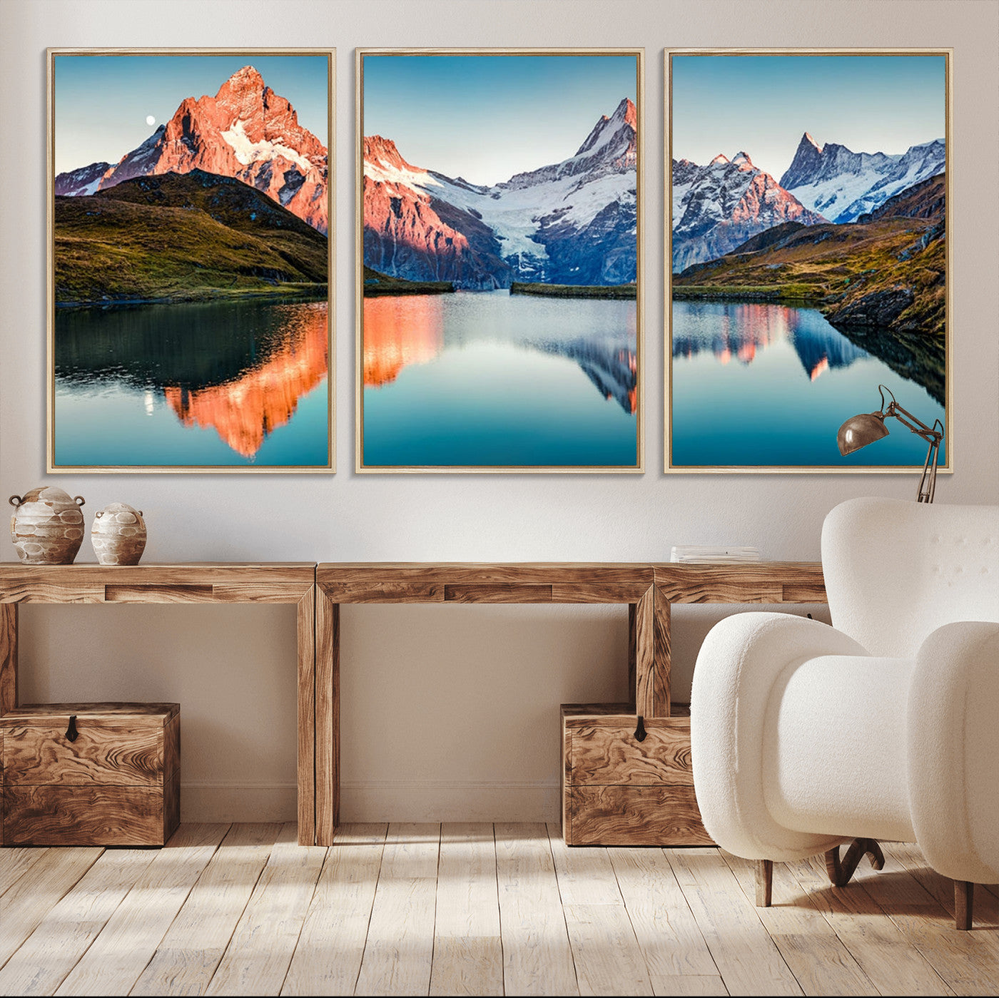 88453-MGV-CV-36X24-Mountain Lake Wall Art – Snow-Capped Peaks Reflected in Alpine Water Canvas Print, Nature Landscape Wall Decor for Living Room or