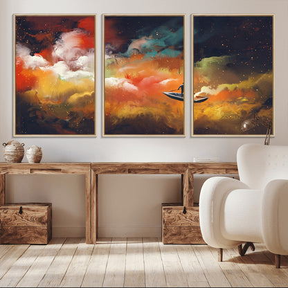 45085-MGV-CV-36X24-Surreal Cosmic Wall Art – Abstract Galaxy Dreamscape Canvas Print with Man and Dog in Boat, Fantasy Nebula Painting for Living