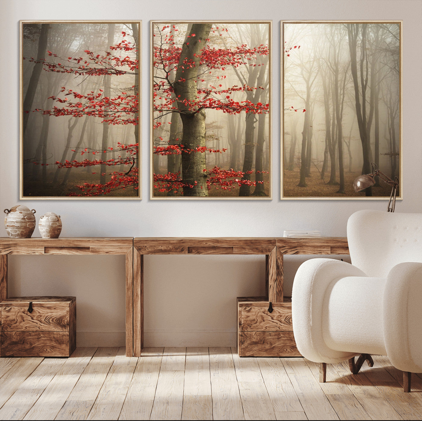 61855-MGV-CV-36X24-Misty Forest Wall Art – Red Tree with Autumn Leaves Canvas Print, Moody Woodland Nature Decor for Living Room, Bedroom, or Office