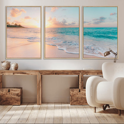 89767-MGV-FC-60X30-3P_Natural-Ocean Sunset Wall Art – Serene Beach Canvas Print with Pastel Sky and Waves, Coastal Seascape Artwork for Bedroom, Living Room, or