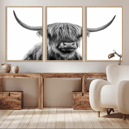 10123-MGV-CV-36X24-Black and White Highland Cow Wall Art – Modern Farmhouse Animal Print, Rustic Scottish Bull Canvas Decor for Living Room, Bedroom,