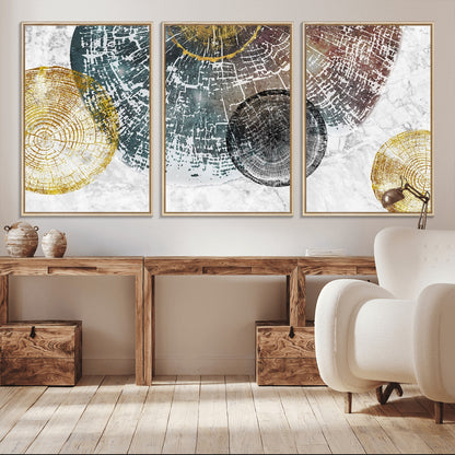 70653-MGV-FC-60X30-3P_Natural-Abstract Tree Ring Wall Art – Modern Rustic Wood Slice Canvas Print with Gold Accents, Contemporary Nature Decor for Living Room,