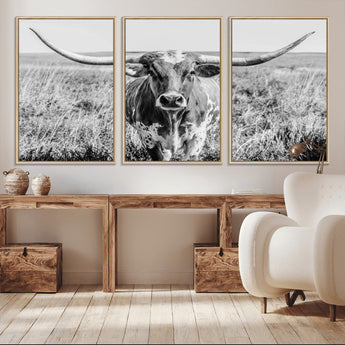 77320-MGV-CV-36X24-Texas Longhorn Wall Art – Black and White Western Cattle Canvas Print, Rustic Farmhouse Animal Photography Decor for Living Room,