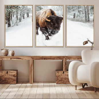 10109-MGV-CV-36X24-Majestic Bison Winter Wall Art – Snowy Forest Buffalo Canvas Print, Rustic Wildlife Photography Decor for Cabin, Lodge, Living