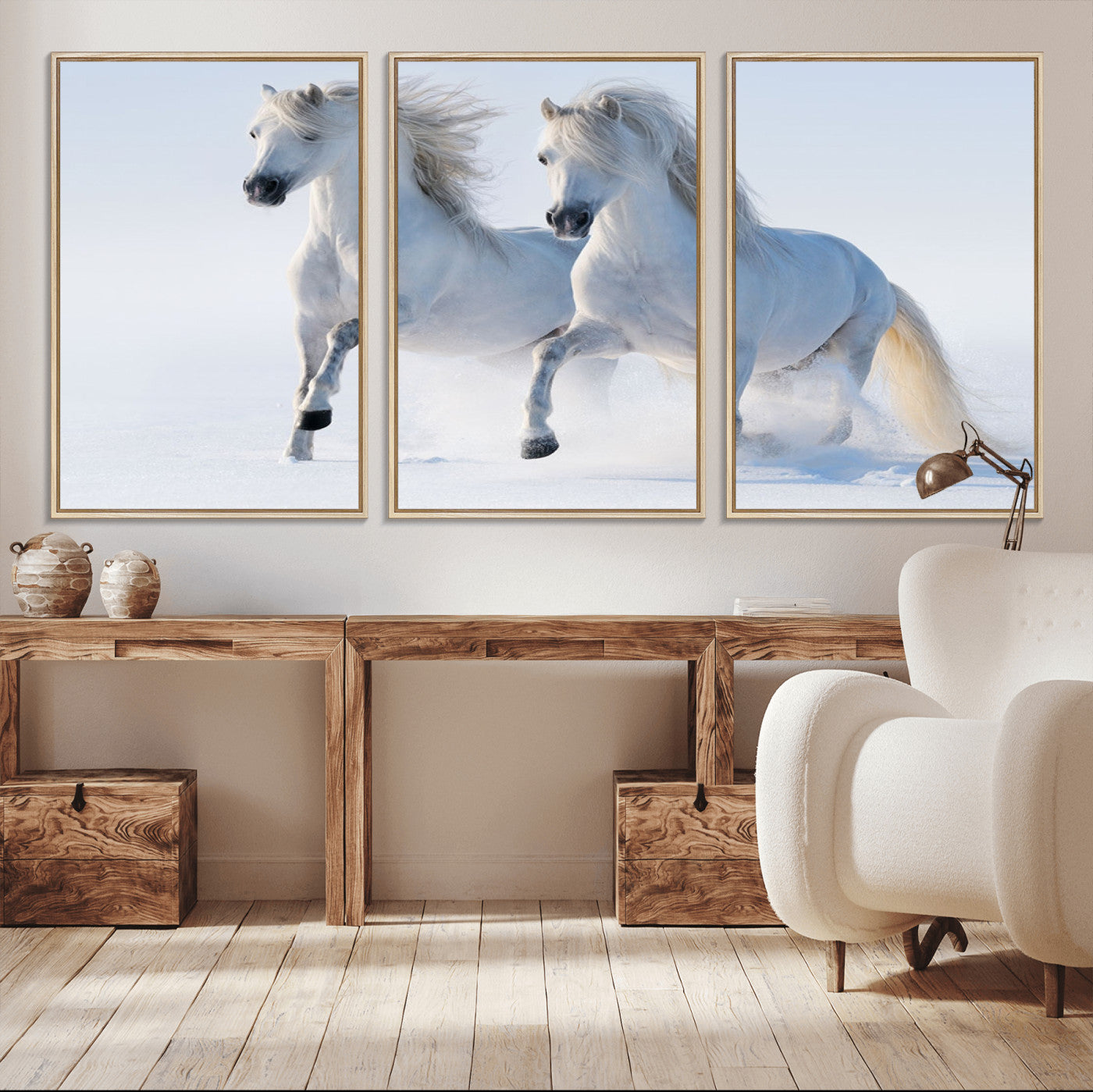 80145-MGV-CV-36X24-White Horses Running Snow Wall Art – Majestic Equine Canvas Print, Winter Nature Photography Decor for Living Room, Office,