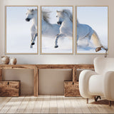 80145-MGV-CV-36X24-White Horses Running Snow Wall Art – Majestic Equine Canvas Print, Winter Nature Photography Decor for Living Room, Office,