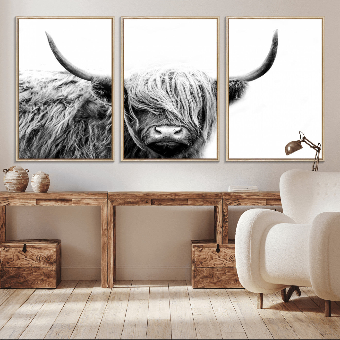 51957-MGV-CV-36X24-Highland Cow Wall Art – Black and White Scottish Highland Bull Canvas Print, Rustic Farmhouse Animal Decor for Living Room,