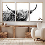 51957-MGV-CV-36X24-Highland Cow Wall Art – Black and White Scottish Highland Bull Canvas Print, Rustic Farmhouse Animal Decor for Living Room,