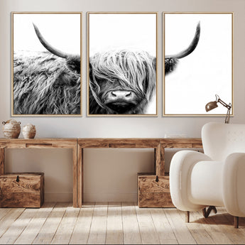 51957-MGV-CV-36X24-Highland Cow Wall Art – Black and White Scottish Highland Bull Canvas Print, Rustic Farmhouse Animal Decor for Living Room,