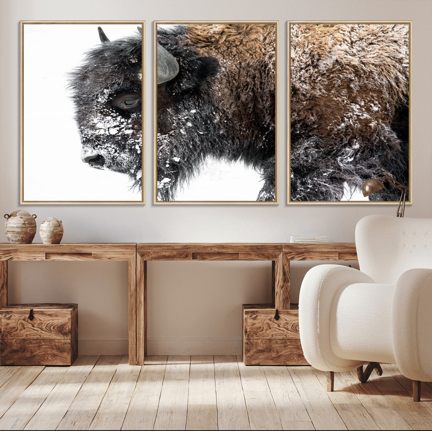 24304-MGV-CV-36X24-Bison Wall Art Canvas Print, Framed Winter Bison Art Picture Print, Snowy Buffalo Perfect Rustic Farmhouse Decor Artwork