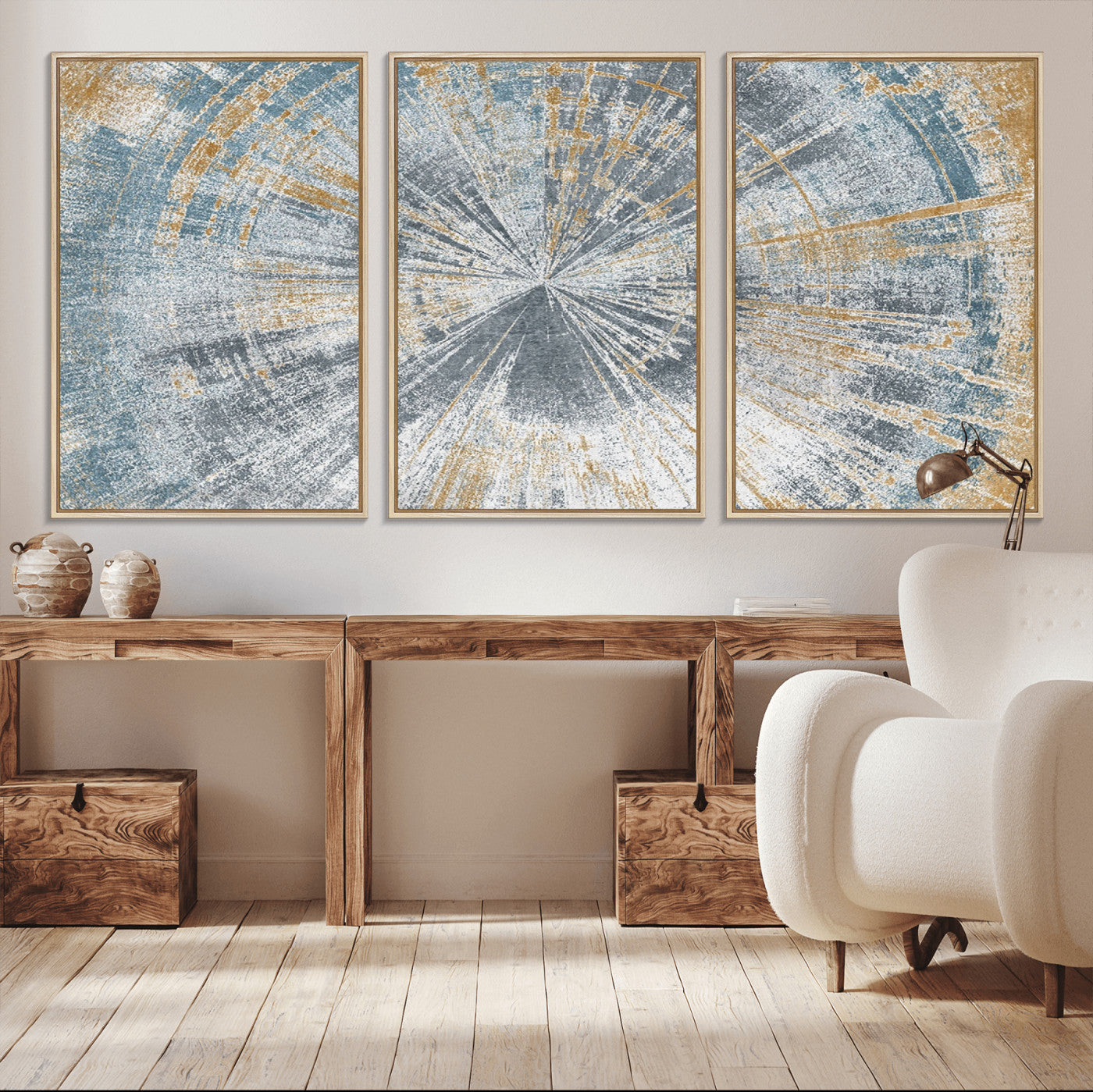 17631-MGV-CV-36X24-Radiant Burst Wall Art – Abstract Sunburst Canvas Print in Blue and Gold, Modern Geometric Painting for Living Room, Office or