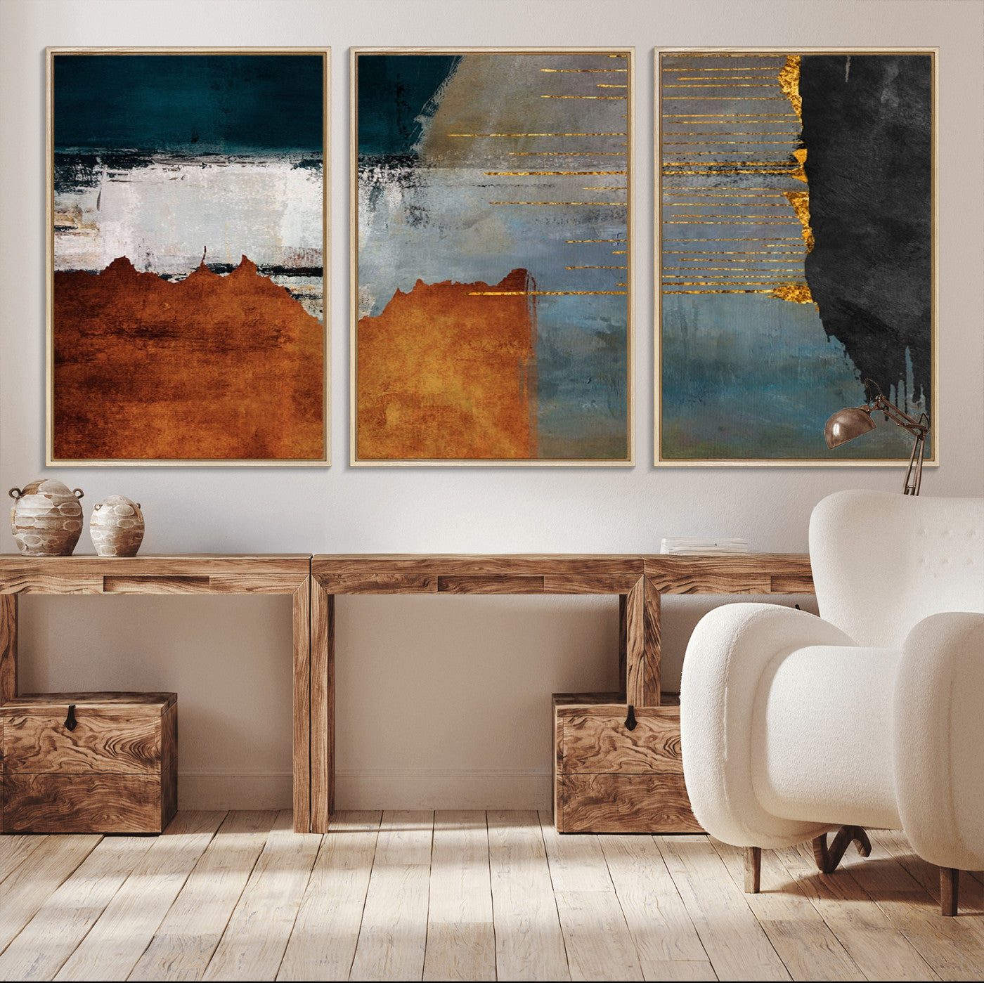 35026-MGV-CV-36X24-Abstract Canvas Wall Art – Modern Teal, Rust, Black and Gold Textured Painting, Contemporary Decor for Living Room, Bedroom