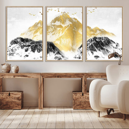 37733-MGV-CV-36X24-Golden Mountain Wall Art – Modern Abstract Landscape Canvas Print with Birds, Luxury Nature Decor for Living Room, Bedroom, or