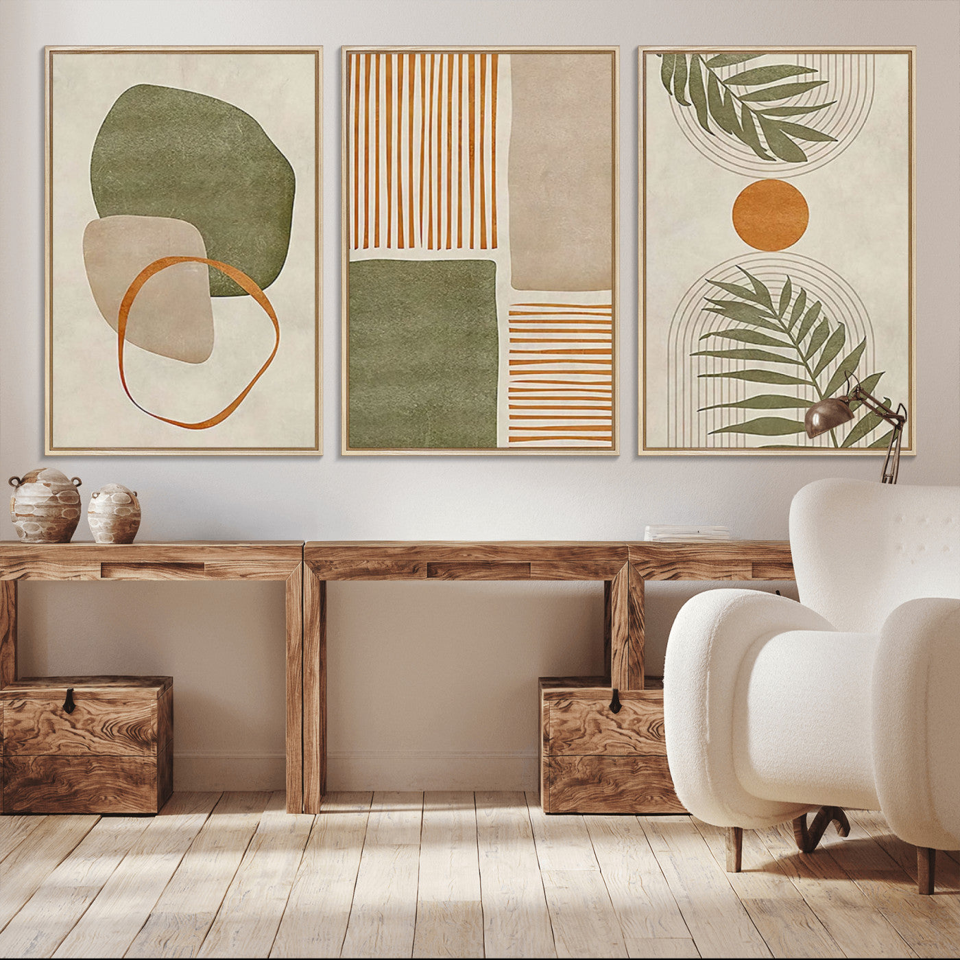 96002-MGV-CV-36X24-Abstract Geometric Wall Art – Modern Canvas Print with Green, Orange & Beige Shapes, Minimalist Home Decor for Living Room, Office