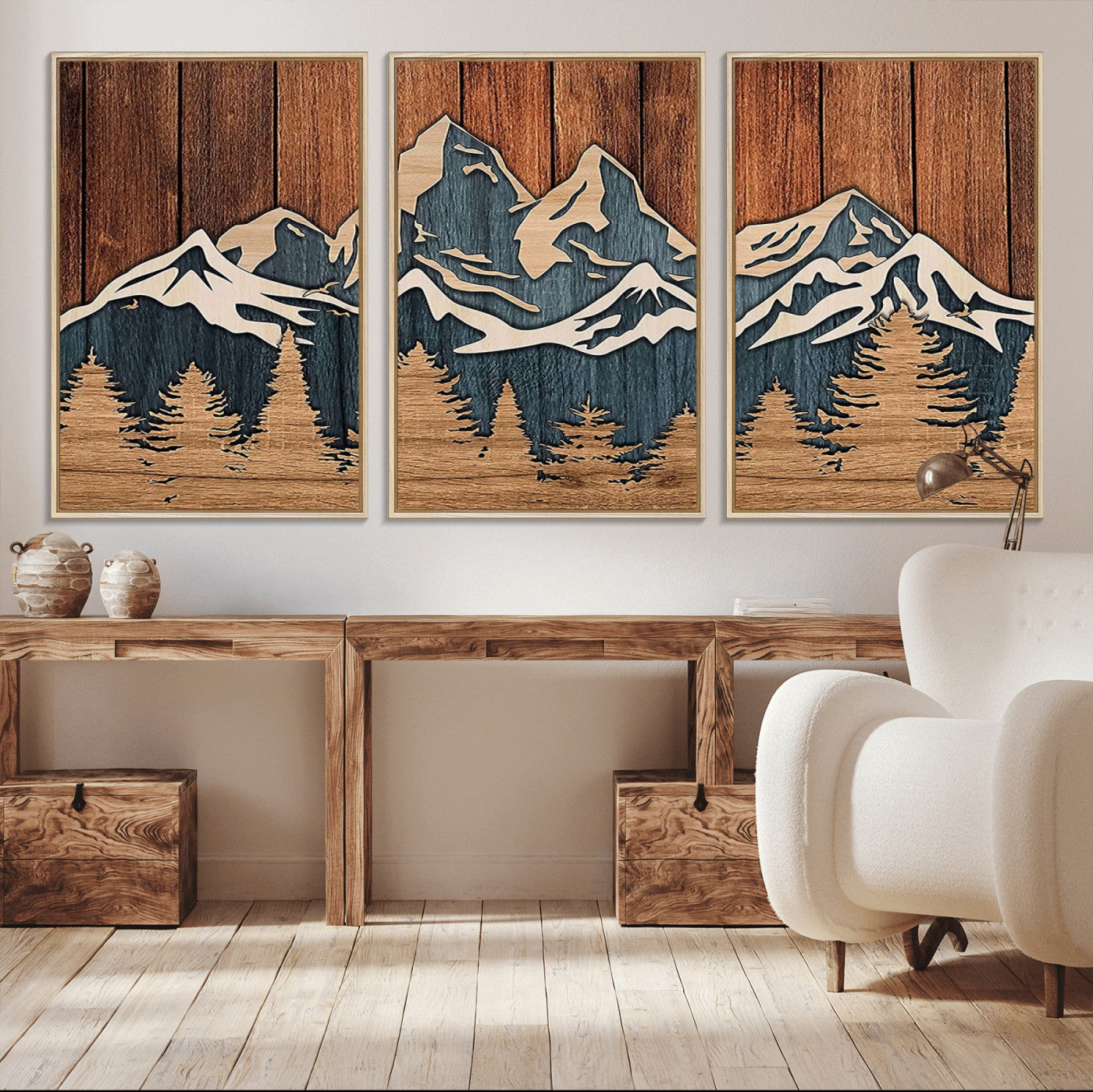 41330-MGV-CV-36X24-Rustic Mountain Wall Art – Wooden Nature Scene with Trees and Peaks, Handmade 3D Layered Decor for Living Room, Cabin or Office