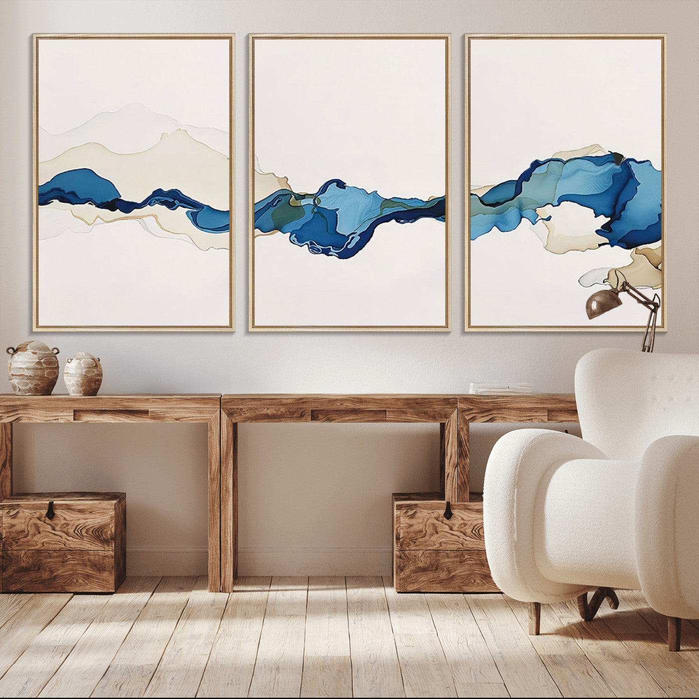 95528-MGV-CV-60X30-3P-Abstract Blue Wave Wall Art – Modern Ocean Inspired Canvas Print, Minimalist Fluid Painting for Living Room, Bedroom or Office