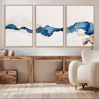 95528-MGV-CV-60X30-3P-Abstract Blue Wave Wall Art – Modern Ocean Inspired Canvas Print, Minimalist Fluid Painting for Living Room, Bedroom or Office