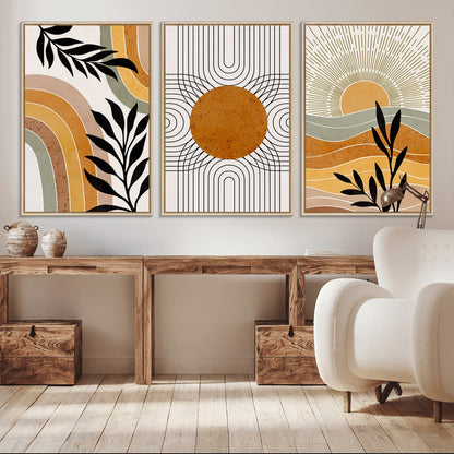 44668-MGV-CV-60X30-3P-Mid Century Modern Wall Art – Abstract Sun and Rainbow Canvas Print, Minimalist Geometric Boho Decor for Living Room, Bedroom or