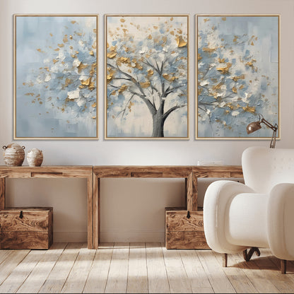 65811-MGV-CV-36X24-Abstract Tree Wall Art – Textured Canvas Painting with Gold and White Leaves, Modern Nature Inspired Decor for Living Room or