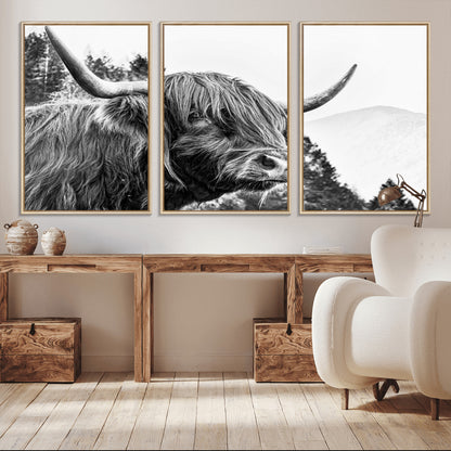 61570-MGV-CV-36X24-Highland Cow Wall Art – Black and White Scottish Bull Canvas Print, Rustic Farmhouse Animal Decor for Living Room, Bedroom, or