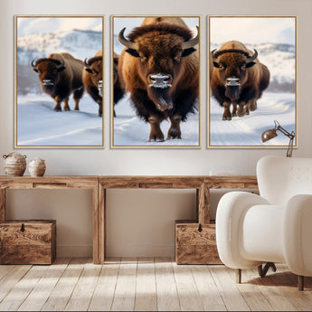 56701-MGV-CV-36X24-Bison Herd Wall Art – Buffalo Walking in Snowy Mountains Canvas Print, Rustic Wildlife Decor for Cabin, Lodge, or Living Room