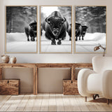 45287-MGV-CV-36X24-Bison Herd Wall Art – Black and White Buffalo Snow Road Canvas Print, Rustic Wildlife Decor for Cabin, Lodge or Living Room