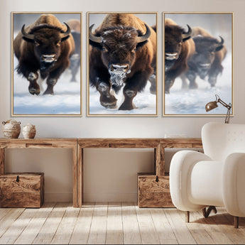 80512-MGV-CV-36X24-Bison Herd Wall Art – Buffalo Running in Snow Canvas Print, Rustic Wildlife Photography Decor for Cabin, Lodge, or Living Room