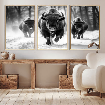 97552-MGV-CV-36X24-Black and White Bison Wall Art – Buffalo Herd Running in Snow Canvas Print, Rustic Wildlife Photography Decor for Cabin, Lodge, or