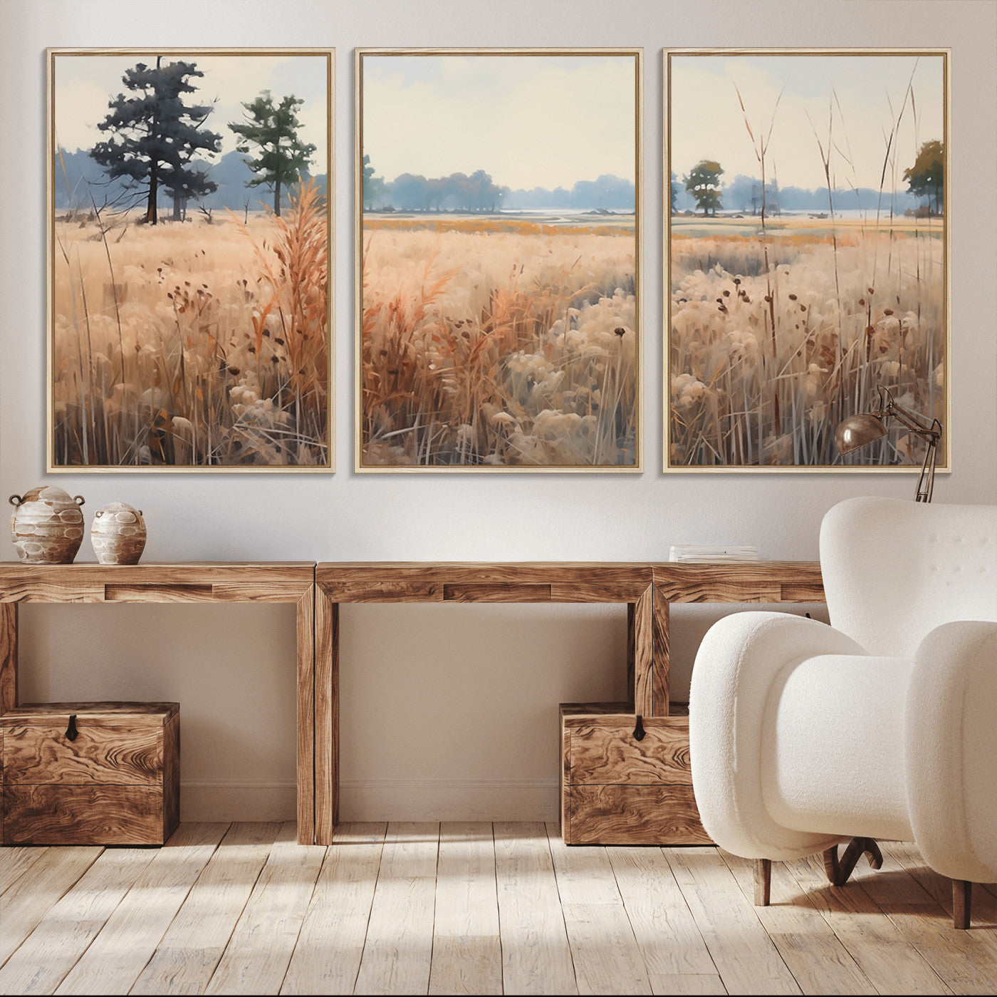 98822-MGV-FC-60X30-3P_Natural-Autumn Meadow Wall Art – Tranquil Grassland Landscape Canvas Print, Rustic Country Decor for Living Room, Bedroom or Farmhouse