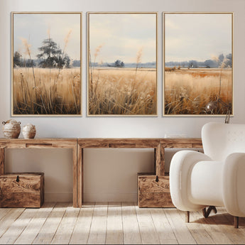 38193-MGV-FC-60X30-3P_Natural-Golden Meadow Wall Art – Serene Grassland Landscape Canvas Print, Rustic Nature Decor for Bedroom, Living Room or Farmhouse