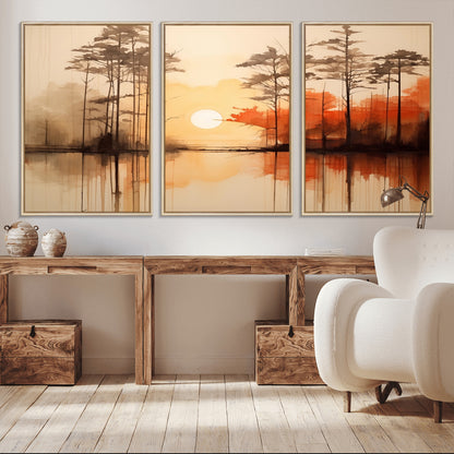 51083-MGV-FC-60X30-3P_Natural-Sunset Lake Forest Wall Art – Serene Trees and Orange Sky Reflection Canvas Print, Tranquil Nature Decor for Living Room, Office