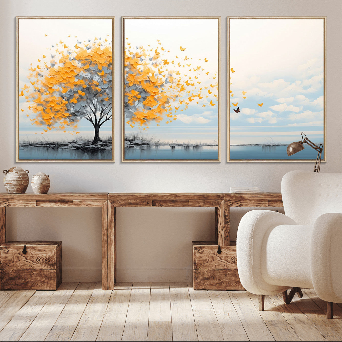 23385-MGV-CV-36X24-Golden Butterfly Tree Wall Art – Abstract Yellow and Gray Canvas Print, Modern Nature Artwork for Living Room, Bedroom or Office