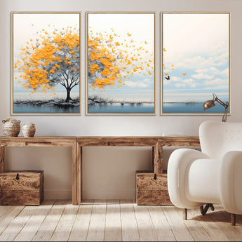 23385-MGV-CV-36X24-Golden Butterfly Tree Wall Art – Abstract Yellow and Gray Canvas Print, Modern Nature Artwork for Living Room, Bedroom or Office