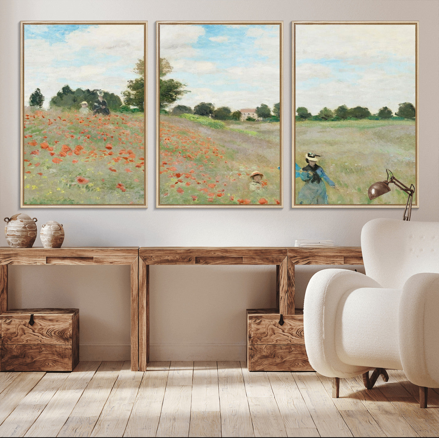 74890-MGV-FC-60X30-3P_Natural-Monet Poppy Field Wall Art – Impressionist Landscape Canvas Print, Classic French Artwork for Living Room, Bedroom or Office Decor