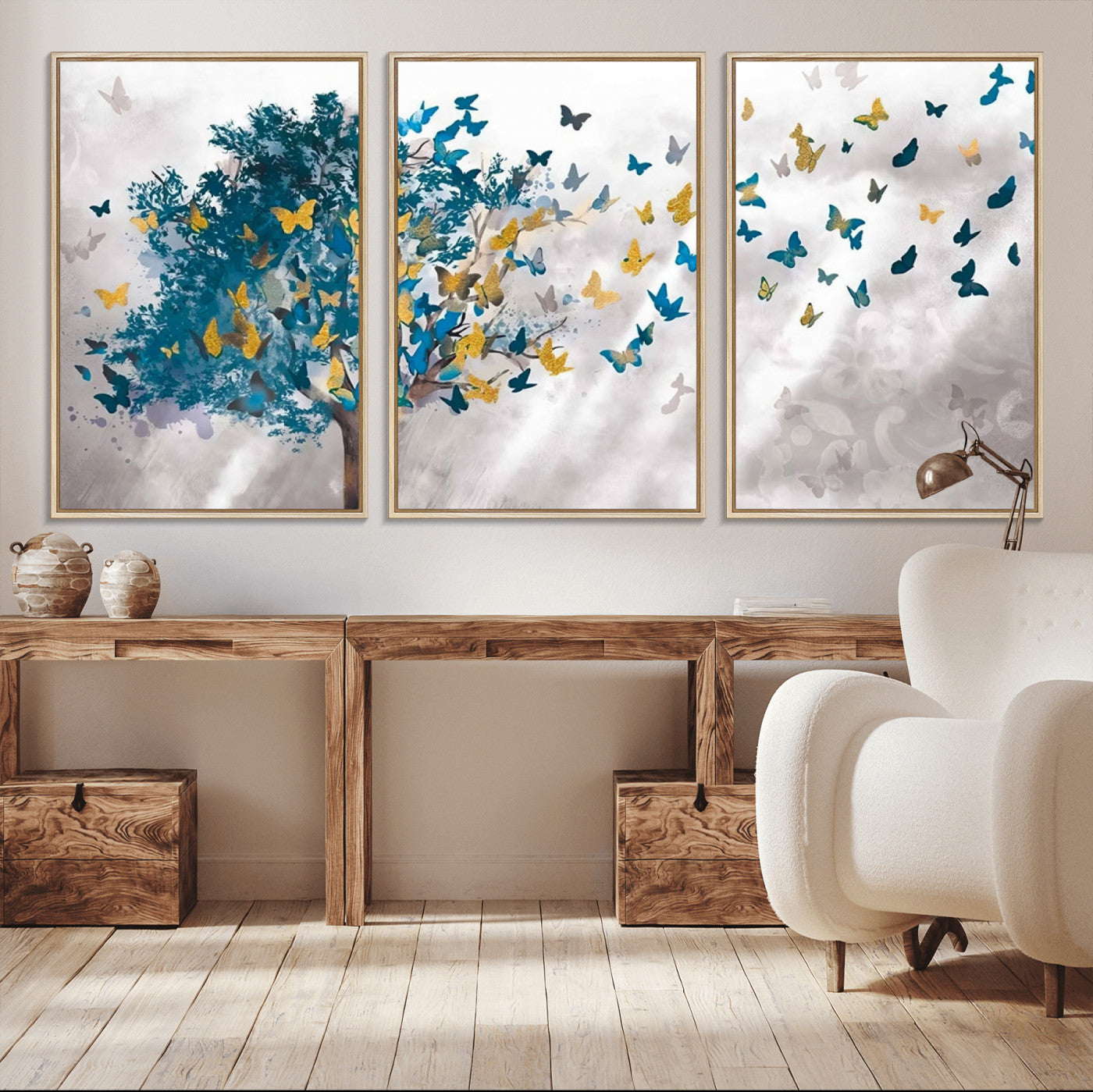 37564-MGV-CV-36X24-Butterfly Tree Wall Art – Modern Nature Canvas Print with Blue and Golden Butterflies, Elegant Decorative Painting for Living Room