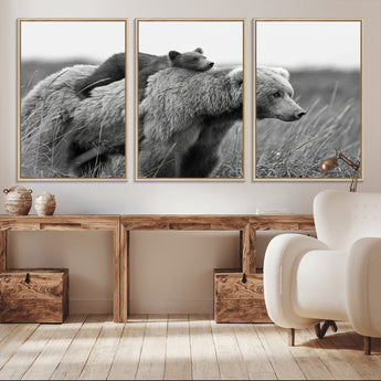 76338-MGV-FC-60X30-3P_Natural-Mother Bear and Cub Wall Art – Black and White Wildlife Canvas Print, Rustic Nature Photography for Cabin, Living Room or Office